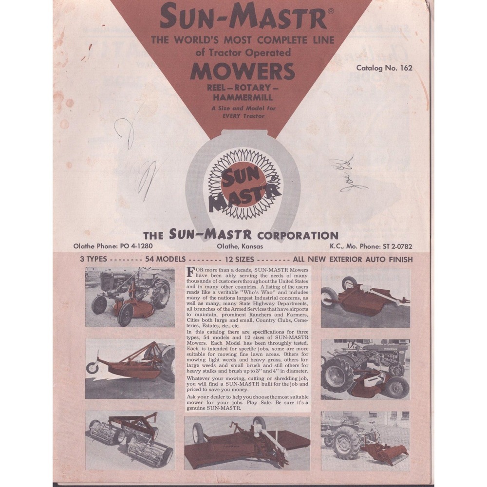 Vintage Sun-Mastr Tractor Mowers Catalog No 162 Rotary Hammermill Olathe KS